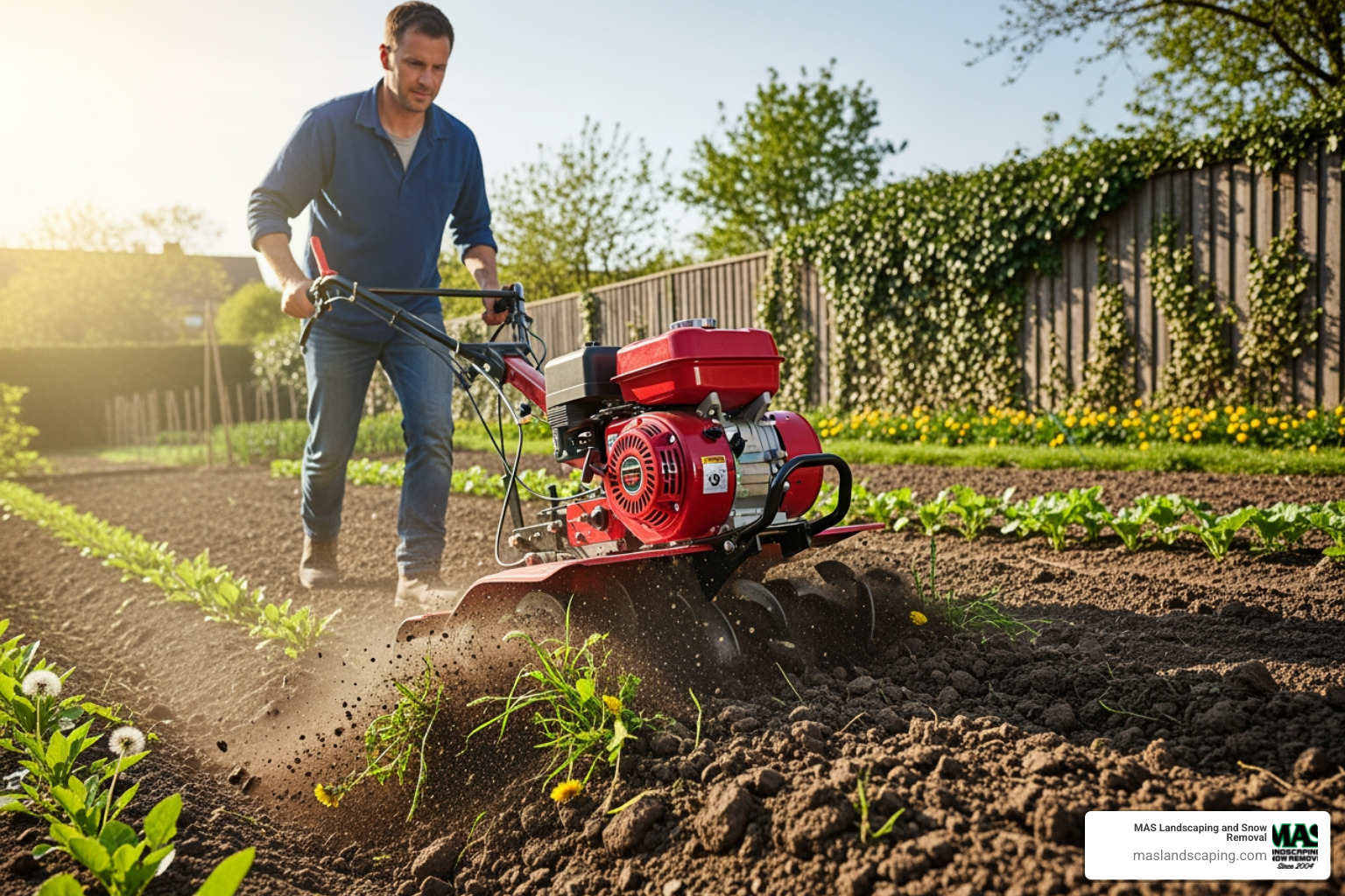 Man weeding with a tiller machine the garden - how to grow grass fast on dirt