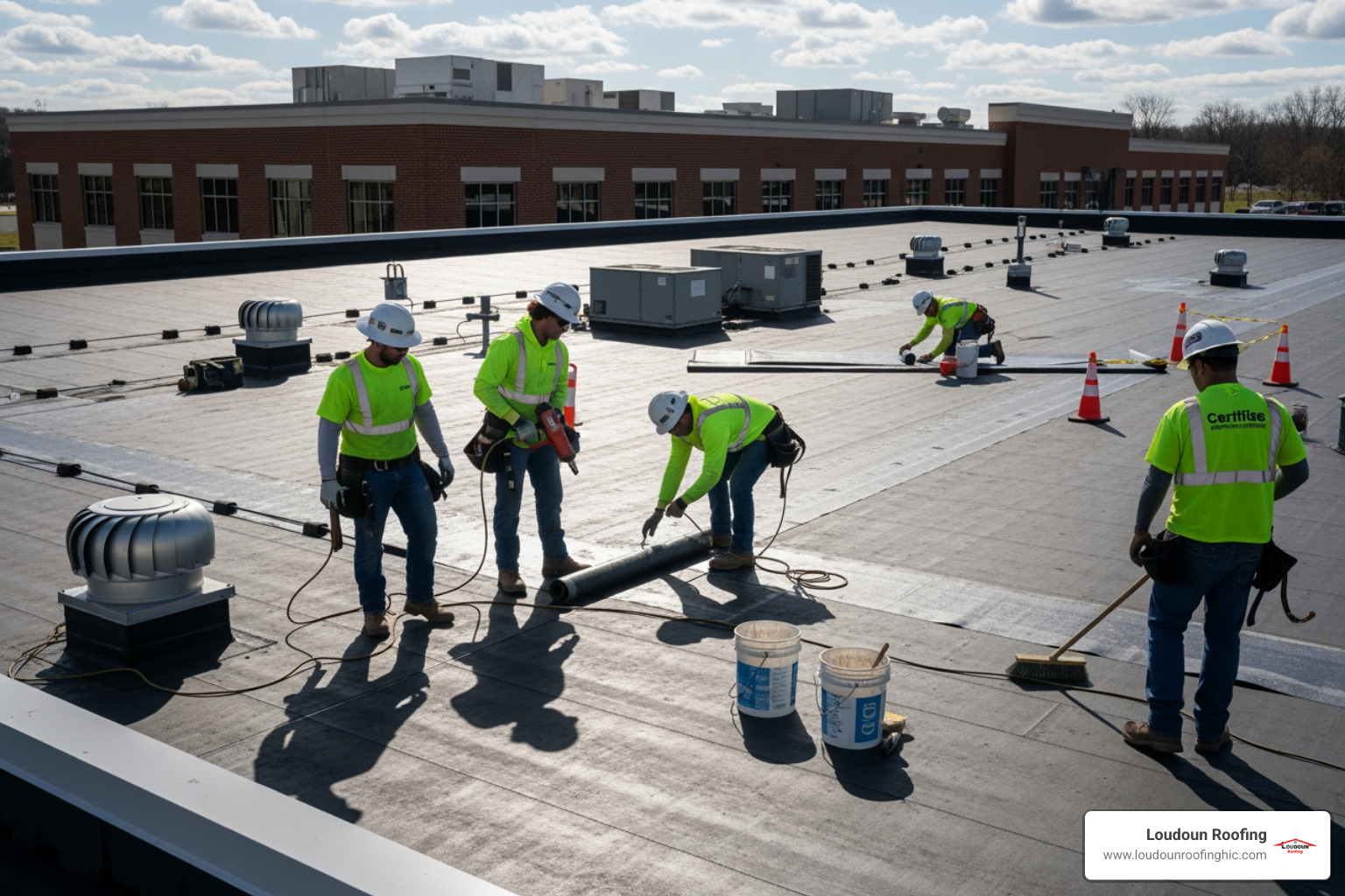certified roofing crew in safety gear working on a commercial project - roofing services