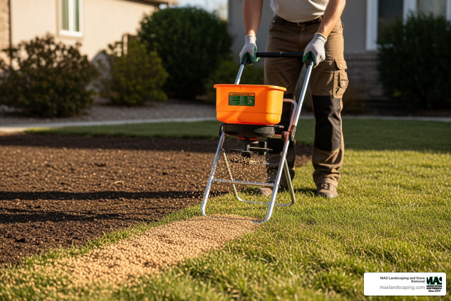 someone using a broadcast spreader on prepared soil - how to grow grass fast on dirt
