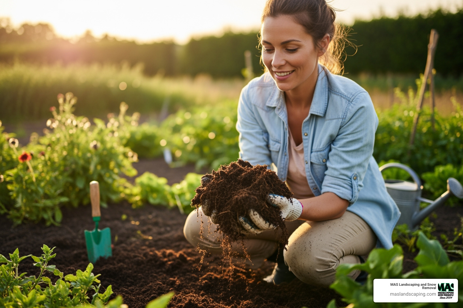 Gardener woman holding peat moss organic matter improve soil for - how to grow grass fast on dirt