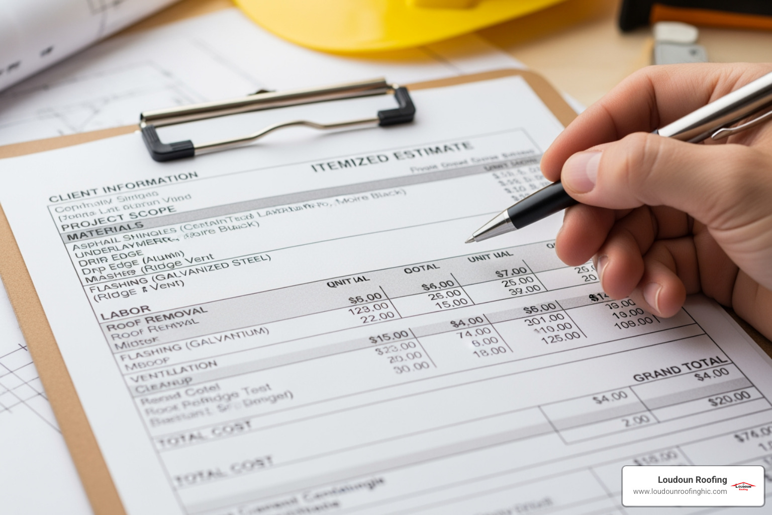detailed, itemized roofing estimate document - loudoun county roofing contractor