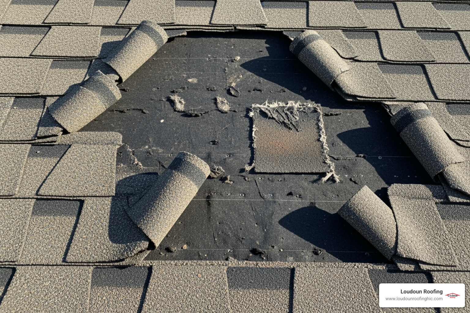 curling and missing asphalt shingles on a roof - loudoun county roofing contractor