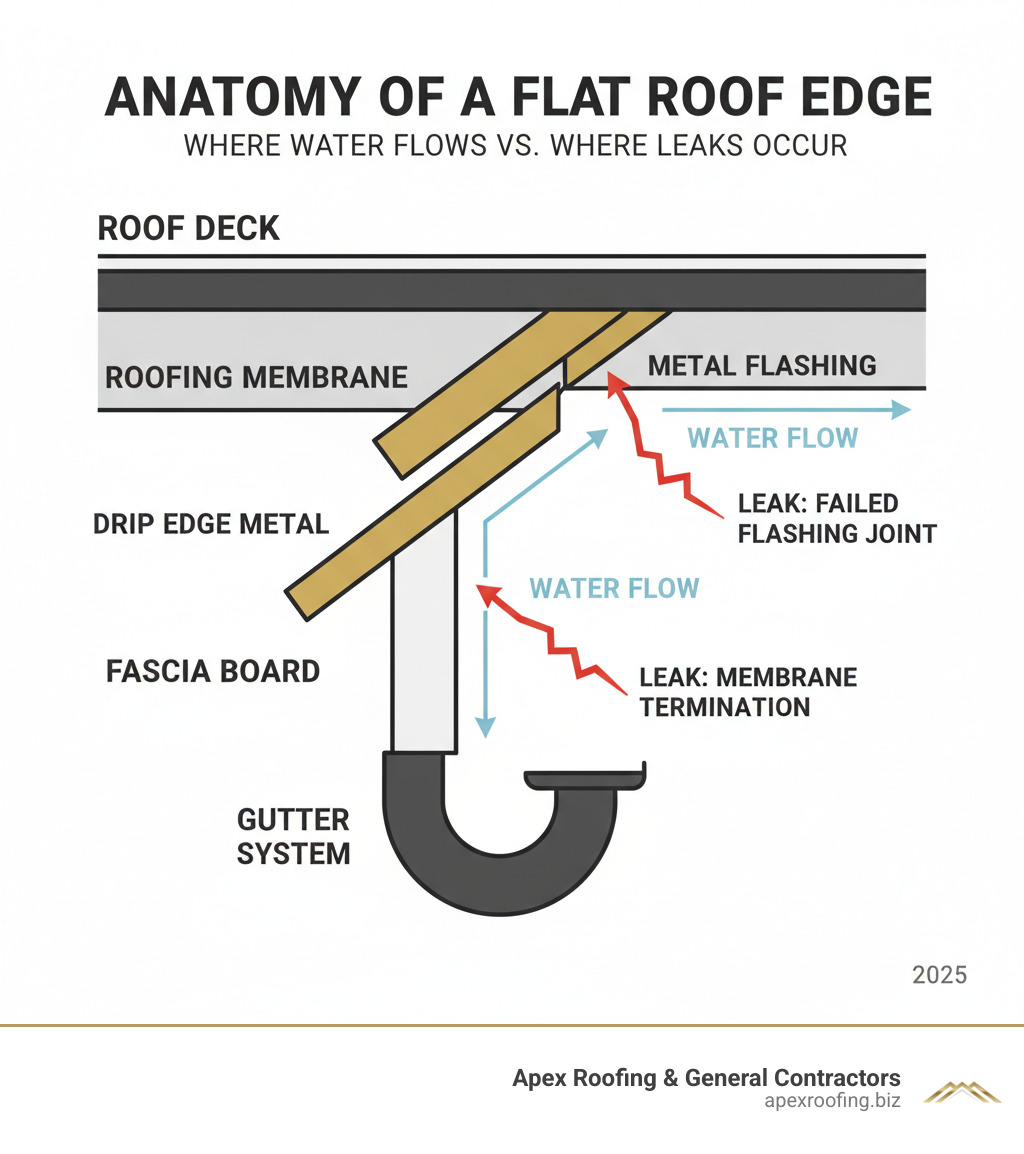 Anatomy of a flat roof edge showing roof deck, roofing membrane, metal flashing, drip edge metal, fascia board, and gutter system with labels indicating where water should flow versus where leaks commonly occur at failed flashing joints and membrane termination points - flat roof leaking at edge infographic 
