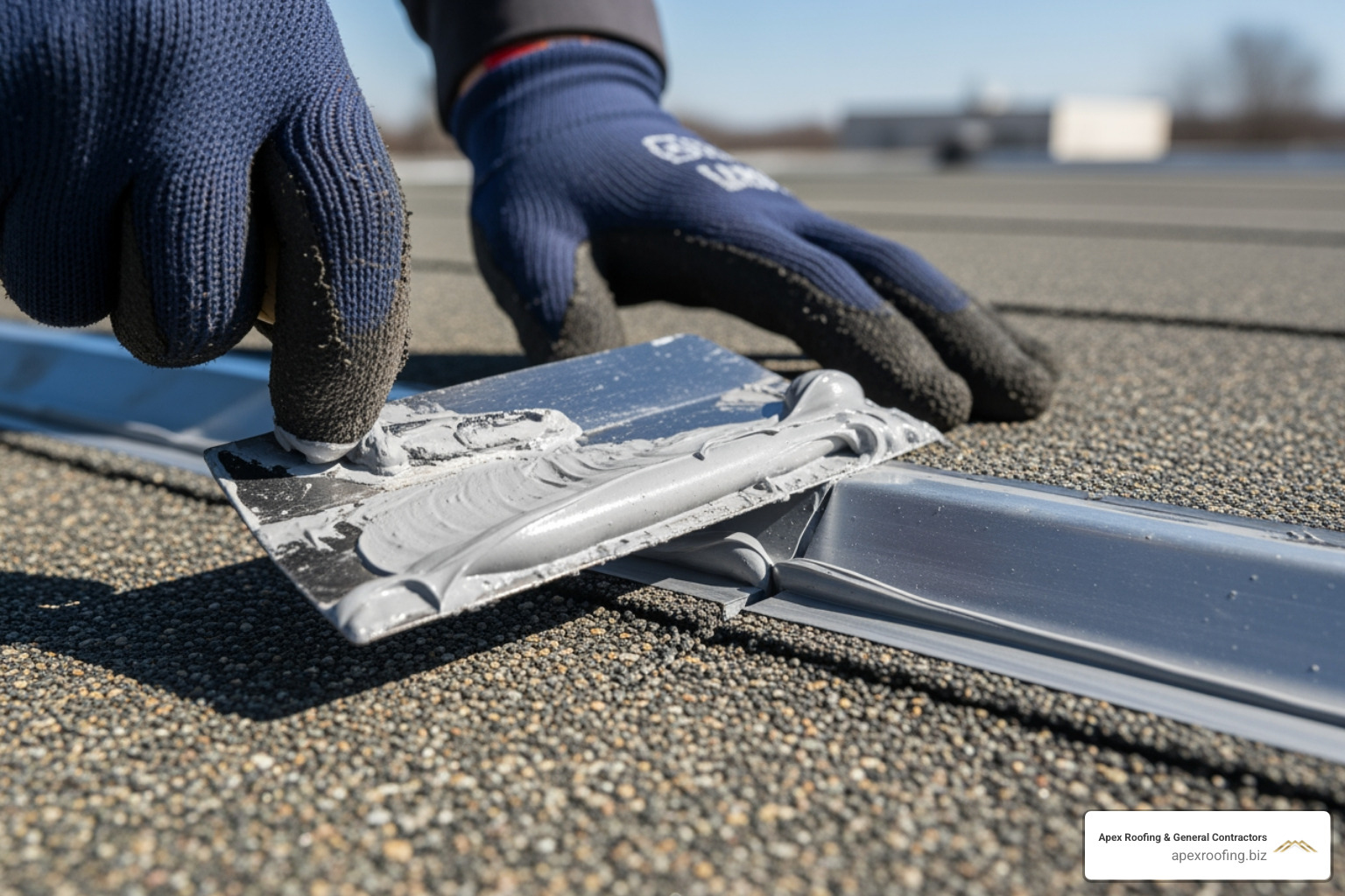 hands in gloves applying roofing sealant with a trowel to a small crack at the roof edge - flat roof leaking at edge
