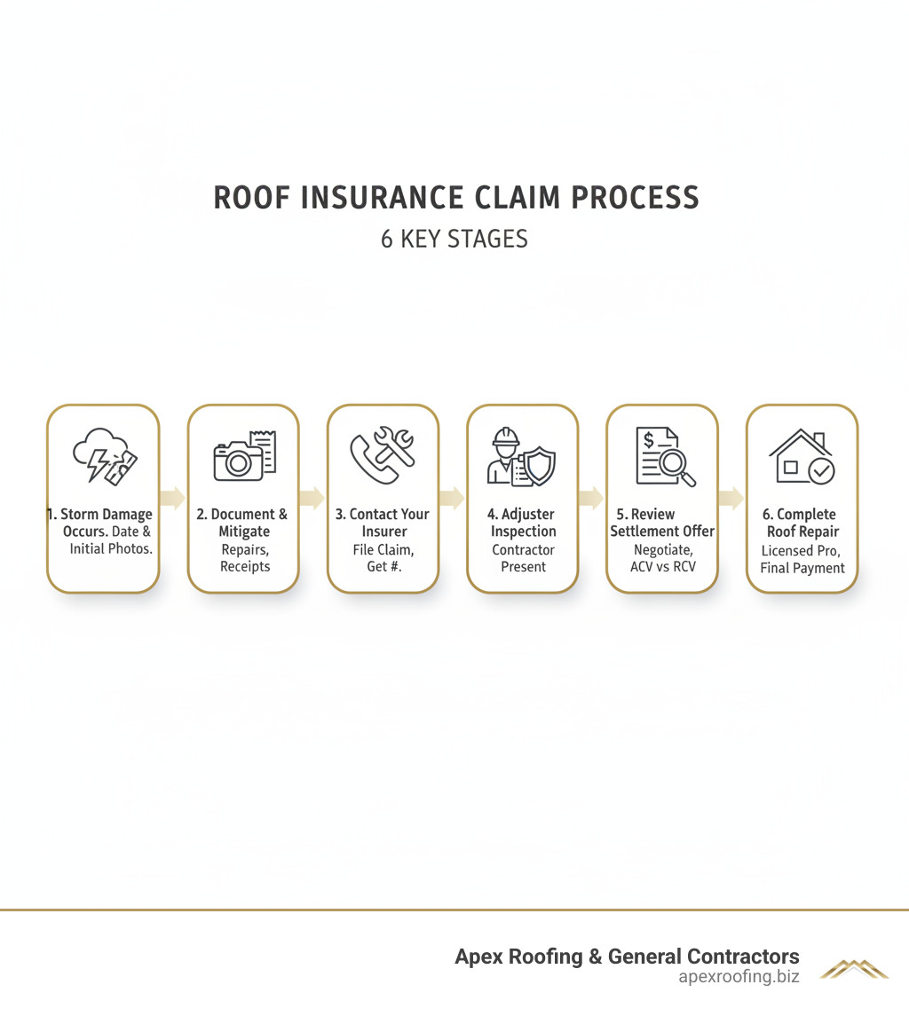 infographic showing the 6 key stages of roof insurance claims process: 1. Storm Damage Occurs - Document the date and take initial photos, 2. Document and Mitigate - Photograph all damage, make temporary repairs, keep receipts, 3. Contact Your Insurer - File claim promptly within policy timeframe, receive claim number, 4. Adjuster Inspection - Insurance adjuster assesses damage, contractor should be present to advocate, 5. Review Settlement Offer - Compare estimate to contractor's assessment, negotiate if needed, understand ACV vs RCV, 6. Complete Roof Repair - Hire licensed contractor, submit final invoices, receive recoverable depreciation payment - roof insurance claims infographic 