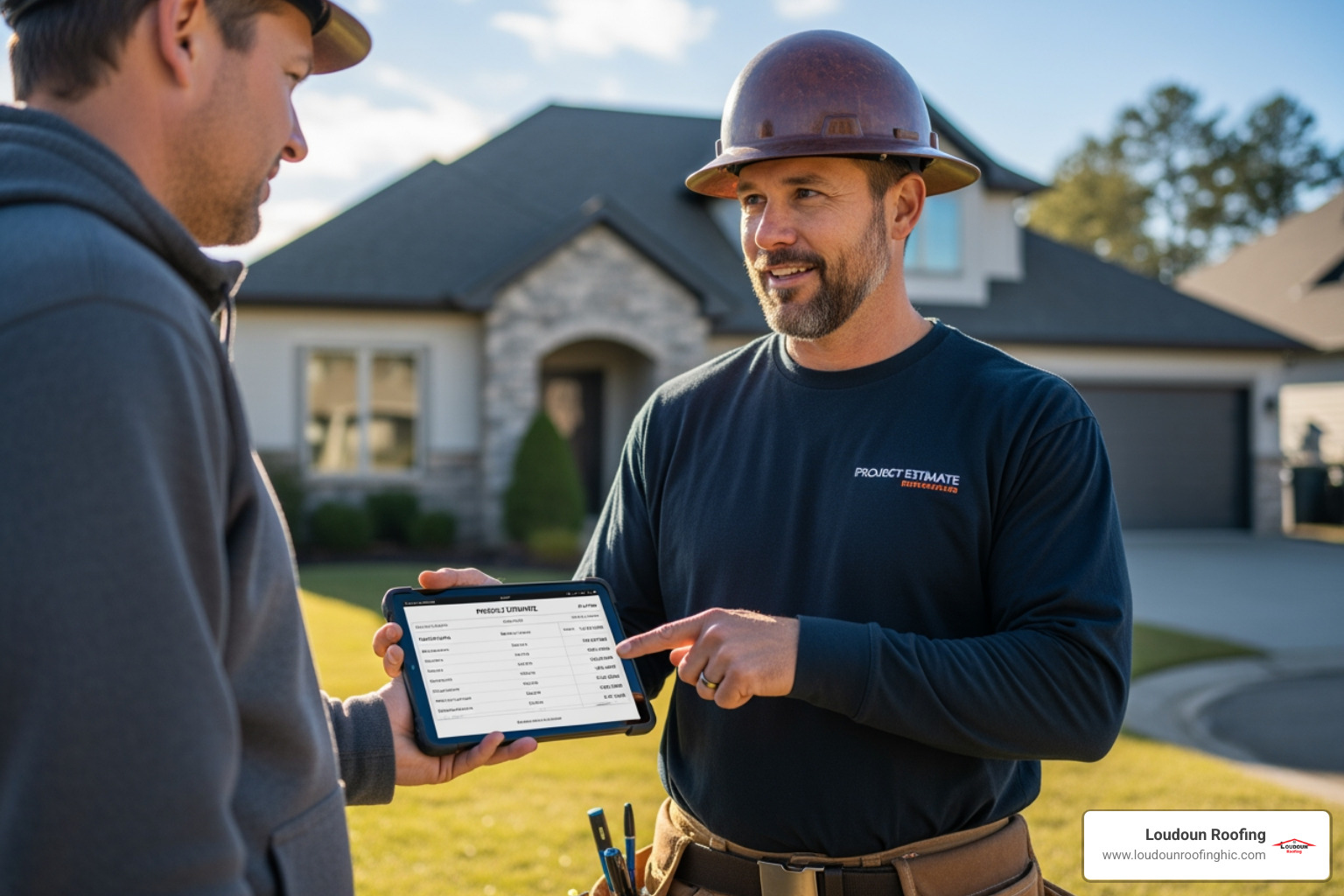 contractor showing a homeowner a digital tablet with the project estimate - loudoun county roofing contractor
