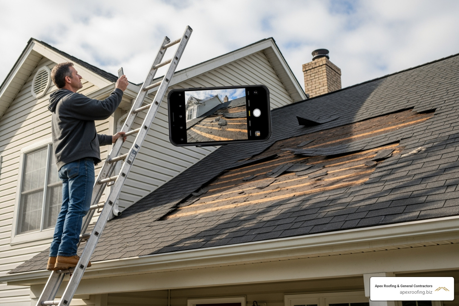 homeowner taking photos of a damaged roof with a smartphone - roof insurance claims