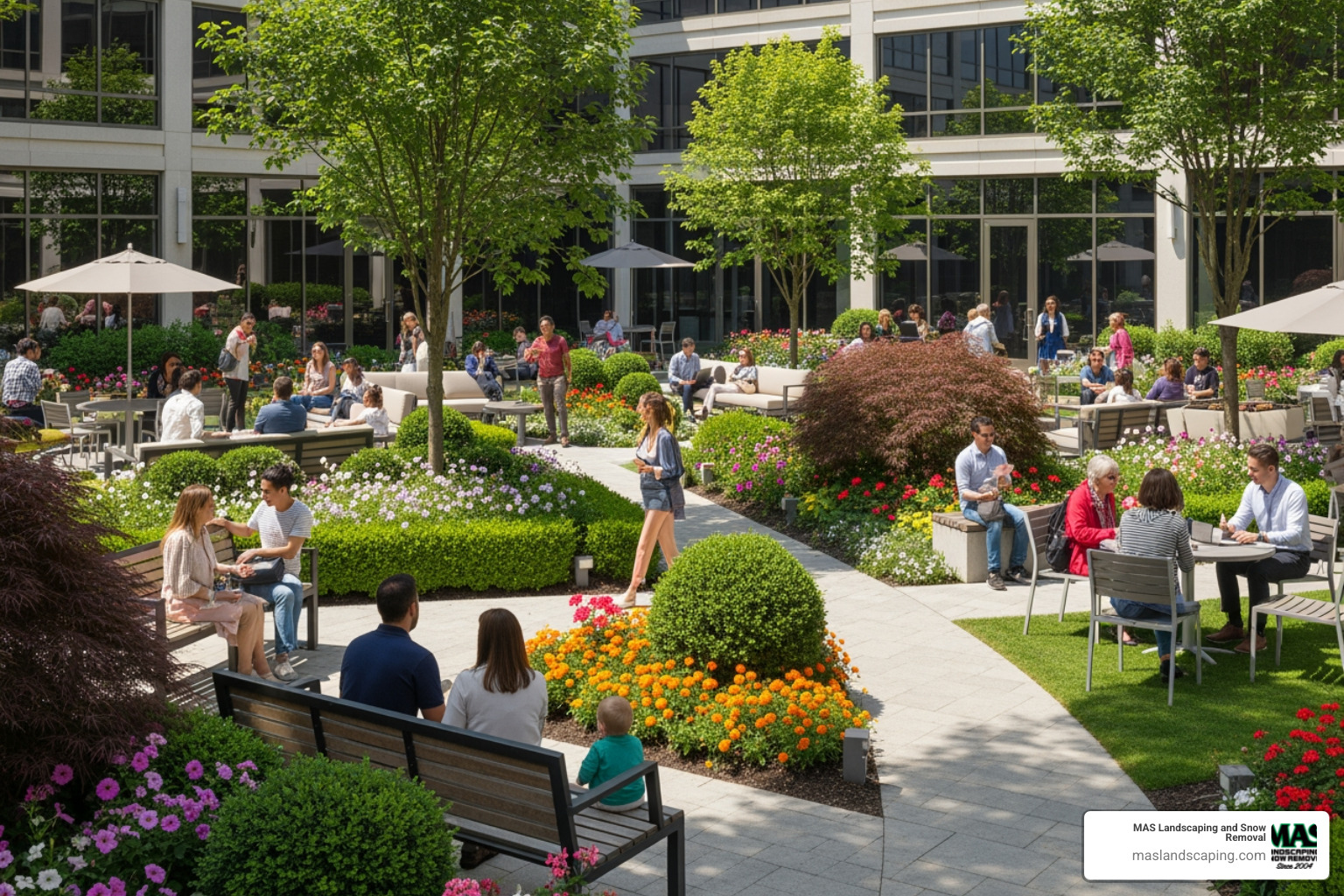 A vibrant, well-maintained commercial courtyard with people enjoying the space, showcasing the positive impact of professional landscaping. - commercial landscaping contractors A vibrant, well-maintained commercial courtyard with people enjoying the space, showcasing the positive impact of professional landscaping. - commercial landscaping contractors