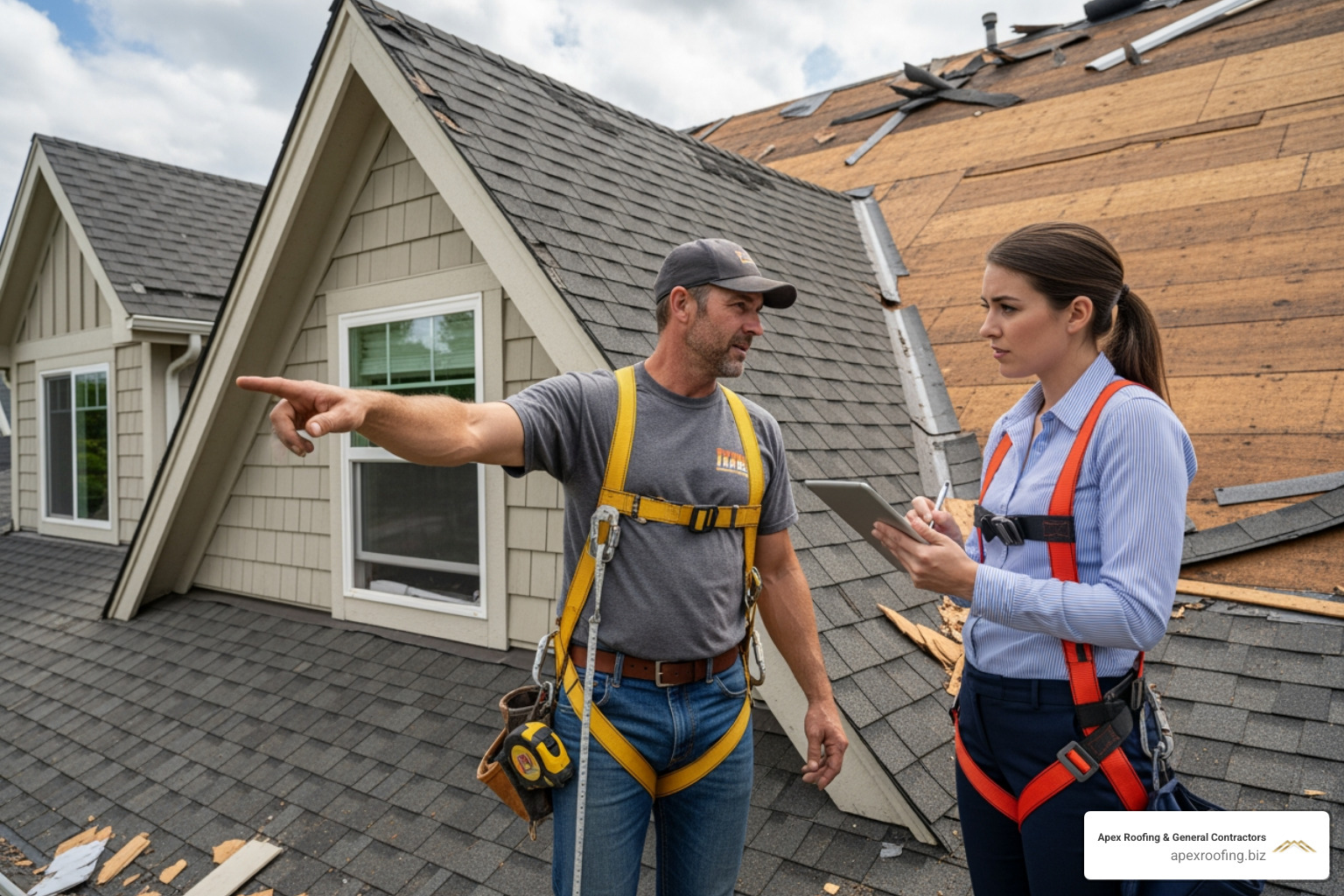 roofing contractor and an insurance adjuster inspecting a roof together - roof insurance claims