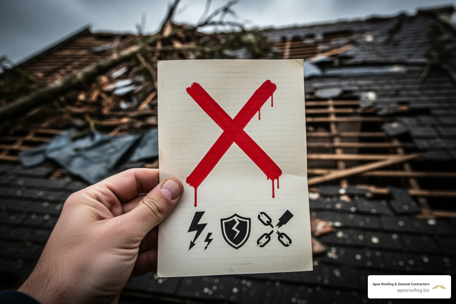 Storm Chaser flyer with warning signs - roof insurance claims