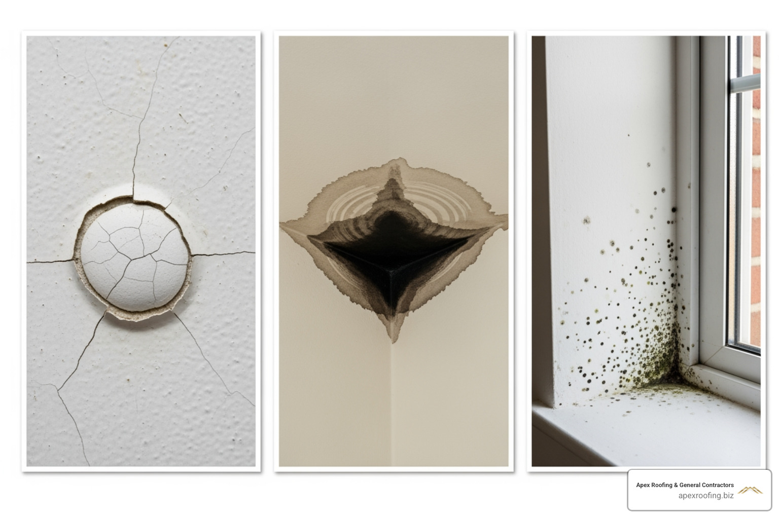 gallery showing a peeling paint bubble on a wall, a dark water stain on a ceiling corner, and mold spots near a window - flat roof leaking at edge