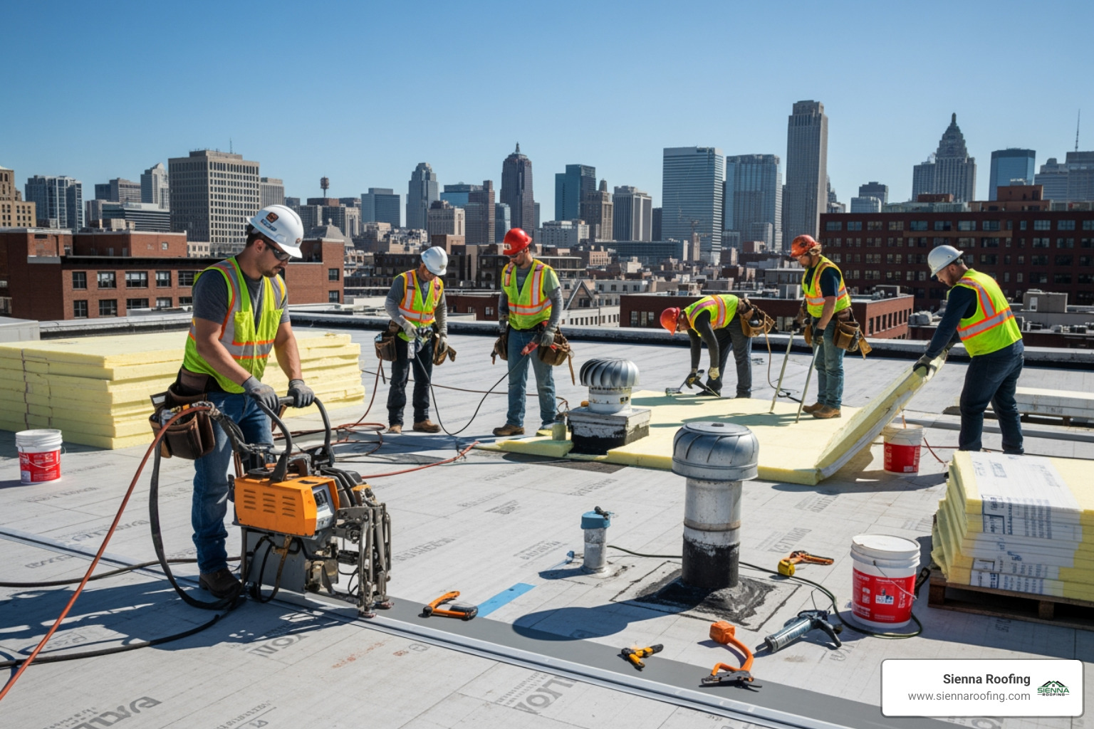 professional roofing crew working on a large commercial roof - commercial roofing missouri city