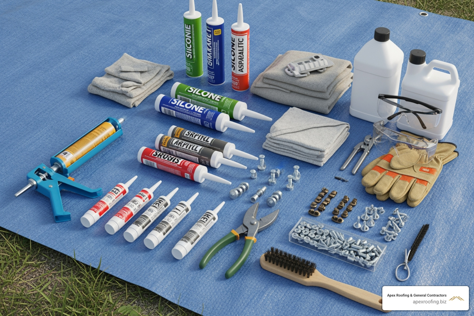 all necessary tools and materials neatly laid out on a tarp - metal roof patch all necessary tools and materials neatly laid out on a tarp - metal roof patch