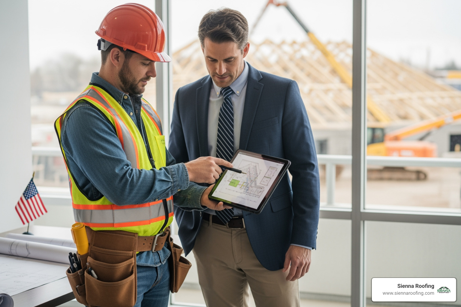 contractor and business owner reviewing roofing plans on a tablet - commercial roofing missouri city