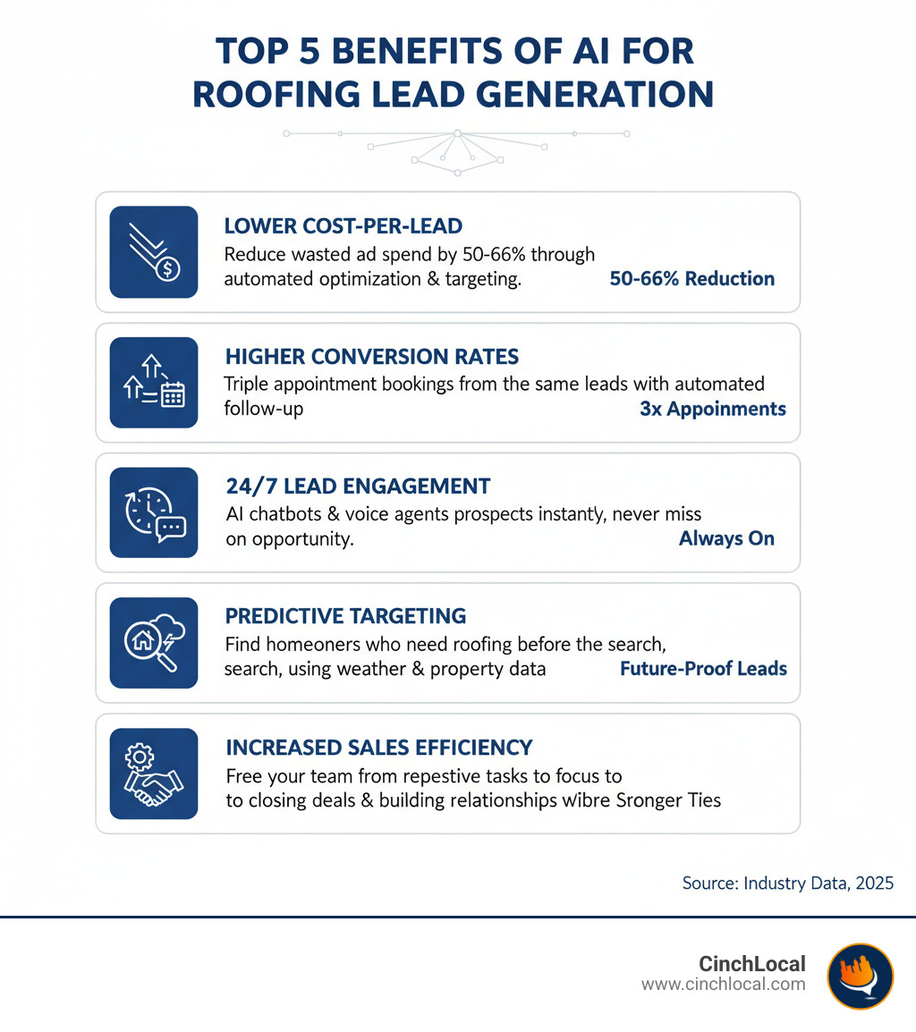 Top 5 Benefits of AI for Roofing Lead Generation: 1. Lower Cost-Per-Lead - Reduce wasted ad spend by 50-66% through automated optimization and precise targeting. 2. Higher Conversion Rates - Triple appointment bookings from the same leads through relentless, automated follow-up. 3. 24/7 Lead Engagement - Never miss another opportunity with AI chatbots and voice agents that qualify prospects instantly. 4. Predictive Targeting - Find homeowners who need roofing services before they start searching, using weather data and property intelligence. 5. Increased Sales Efficiency - Free your team from repetitive tasks so they can focus on high-value activities like closing deals and building relationships. - Roofing lead generation AI infographic Top 5 Benefits of AI for Roofing Lead Generation: 1. Lower Cost-Per-Lead - Reduce wasted ad spend by 50-66% through automated optimization and precise targeting. 2. Higher Conversion Rates - Triple appointment bookings from the same leads through relentless, automated follow-up. 3. 24/7 Lead Engagement - Never miss another opportunity with AI chatbots and voice agents that qualify prospects instantly. 4. Predictive Targeting - Find homeowners who need roofing services before they start searching, using weather data and property intelligence. 5. Increased Sales Efficiency - Free your team from repetitive tasks so they can focus on high-value activities like closing deals and building relationships. - Roofing lead generation AI infographic