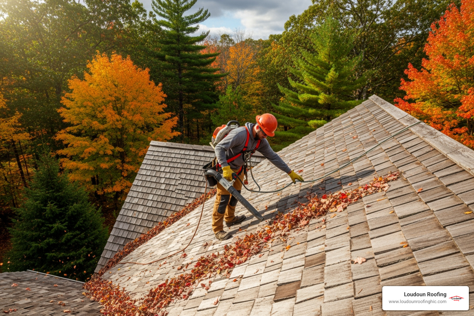 professional clearing leaves from cedar roof - cedar shake roof care
