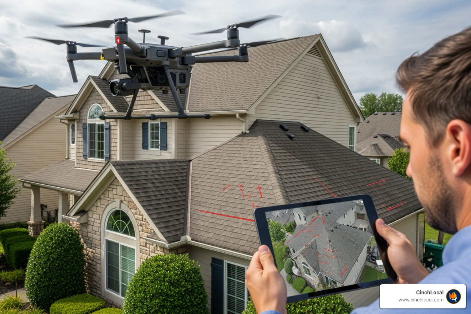 drone using AI to scan a roof and highlight areas of damage on a tablet. - Roofing lead generation AI drone using AI to scan a roof and highlight areas of damage on a tablet. - Roofing lead generation AI