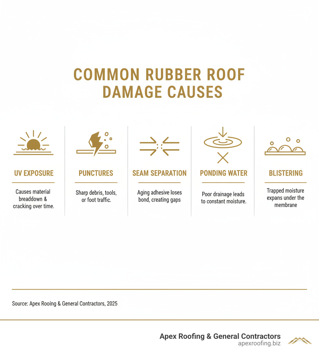 infographic showing common rubber roof damage causes including UV exposure, punctures from debris, seam separation from aging adhesive, ponding water from poor drainage, and blistering from trapped moisture, with icons and brief descriptions for each - how to repair rubberized commercial roofing infographic 
