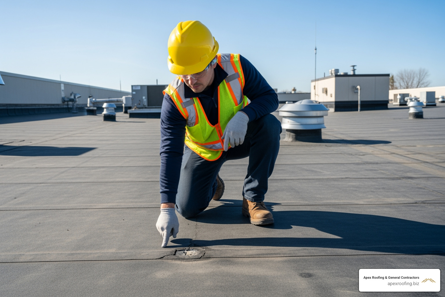 person safely inspecting a commercial flat roof, pointing out a blister or crack - how to repair rubberized commercial roofing