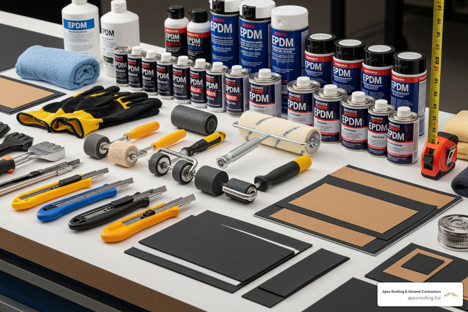 all the necessary tools and materials laid out neatly on a clean surface - how to repair rubberized commercial roofing
