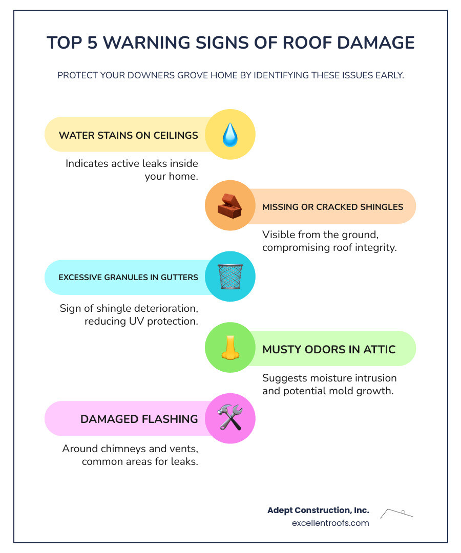 Infographic showing the top 5 warning signs of roof damage in Downers Grove homes: water stains on ceilings or walls, missing or cracked shingles visible from ground level, excessive granules in gutters indicating shingle deterioration, musty odors in attic space suggesting moisture intrusion, and damaged flashing around chimneys and vents - residential roof repair Downers Grove infographic infographic-line-5-steps-colors