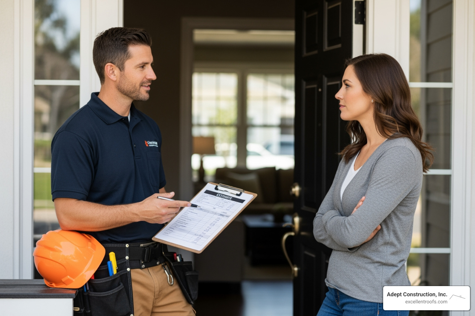A roofing contractor providing a written estimate to a homeowner, discussing the scope of work and costs - residential roof repair Downers Grove