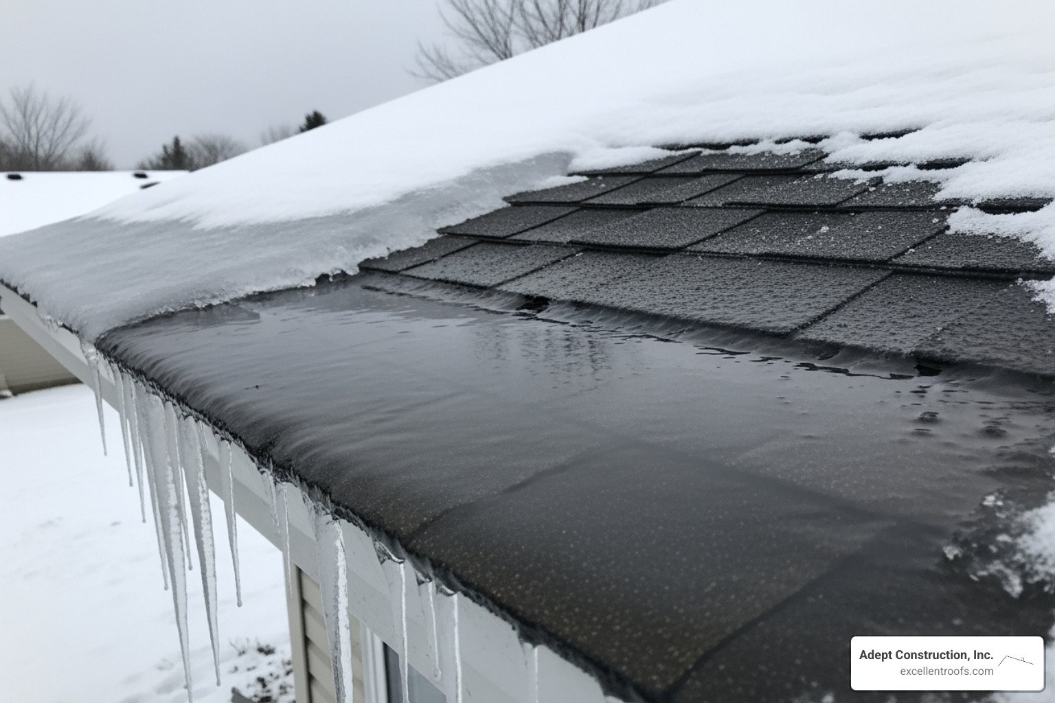 An ice dam forming on the edge of a roof, causing water to back up under shingles - residential roof repair Downers Grove
