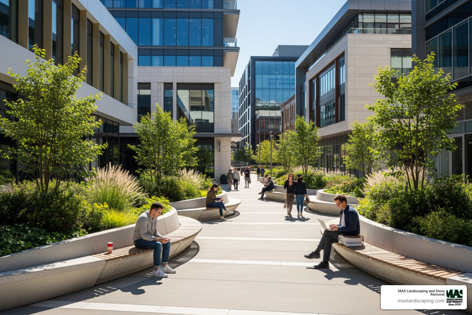 modern commercial plaza with integrated seating and planters - commercial hardscape