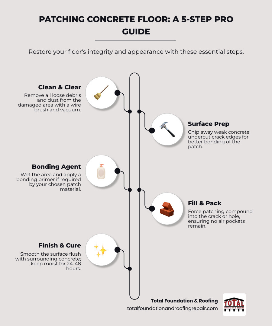 Infographic showing the complete concrete floor patching process from damage assessment through curing, including tools needed, material selection based on damage type (hairline cracks vs pitting vs spalling), surface preparation steps with cross-section diagrams, application techniques, and timeline for cure times - patching concrete floor infographic infographic-line-5-steps-elegant_beige