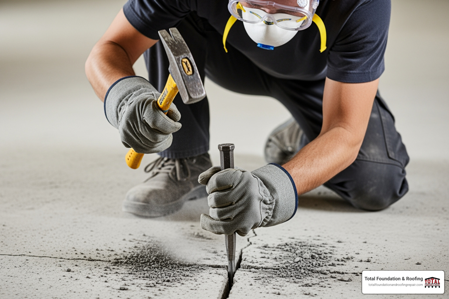 person wearing safety goggles and gloves while using a chisel to prepare a concrete crack for repair - patching concrete floor