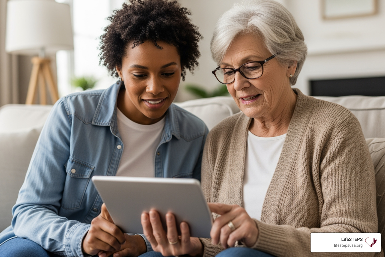 a senior and a family member using a tablet to research housing options online - low income senior housing with no waiting list