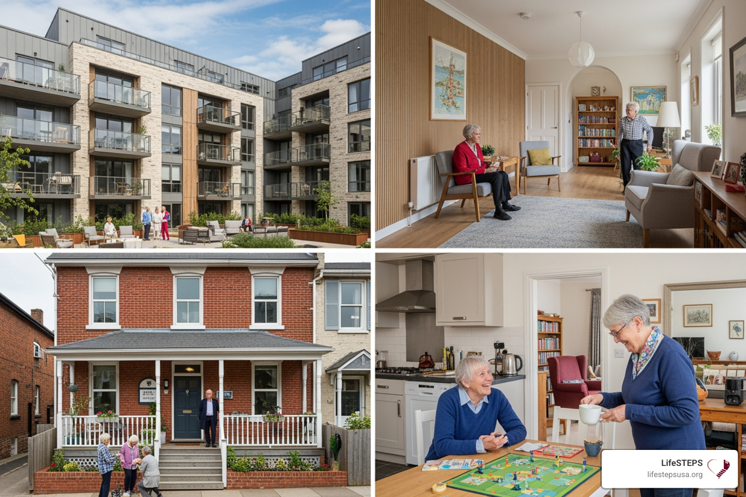a collage showing different senior living communities: a modern apartment complex, a small co-op building, and a senior in a home-share setting - low income senior housing with no waiting list