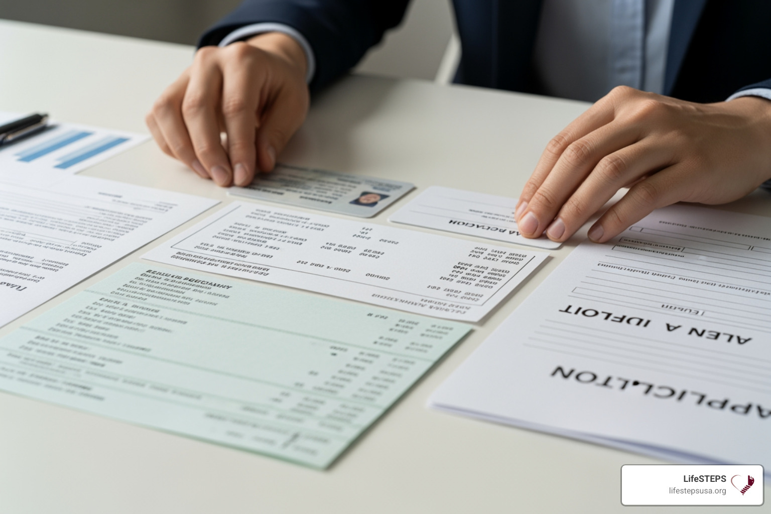 a person neatly organizing documents like an ID card, bank statements, and an application form - low income senior housing with no waiting list