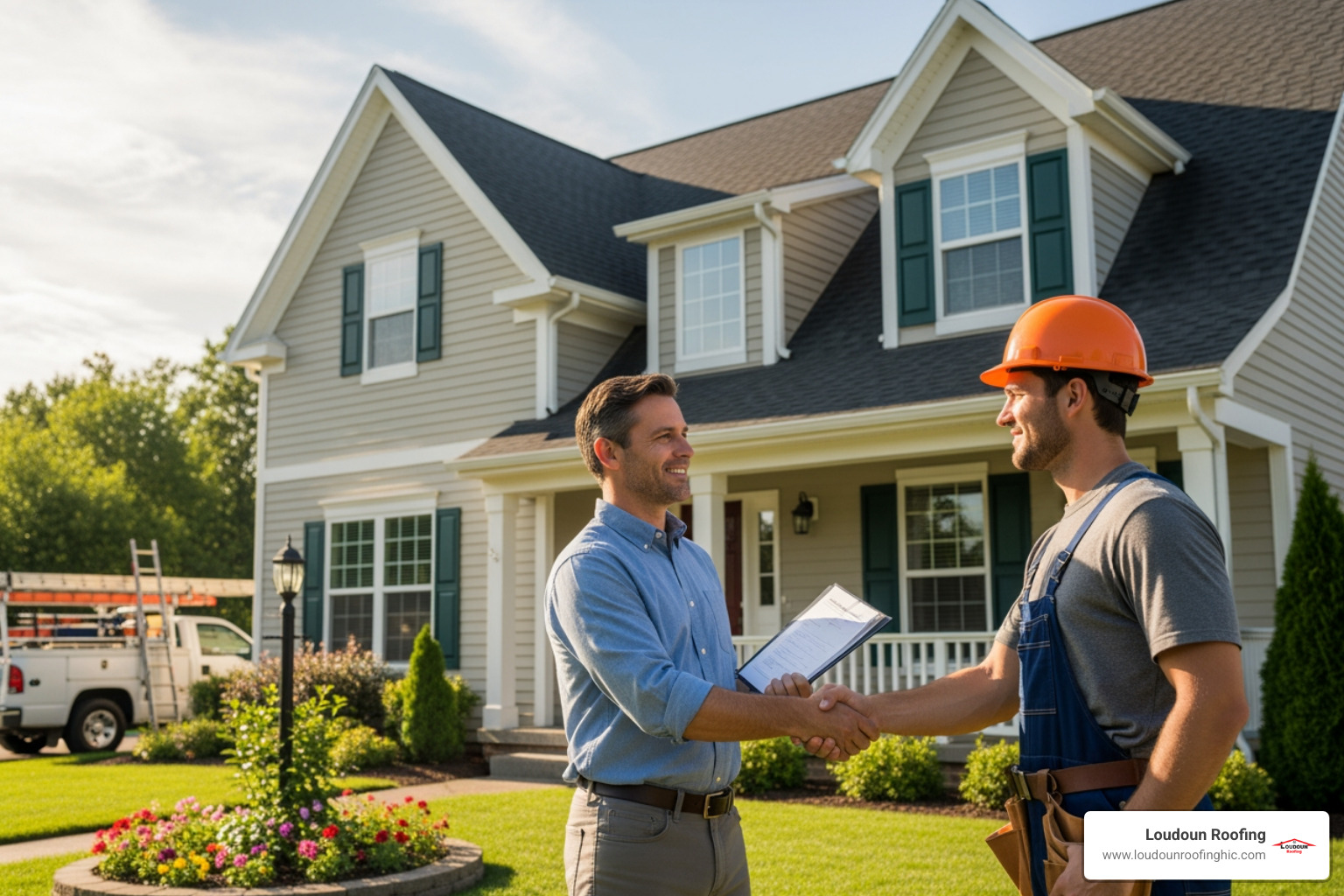 Homeowner in Leesburg, VA shaking hands with a roofer - house roof inspection