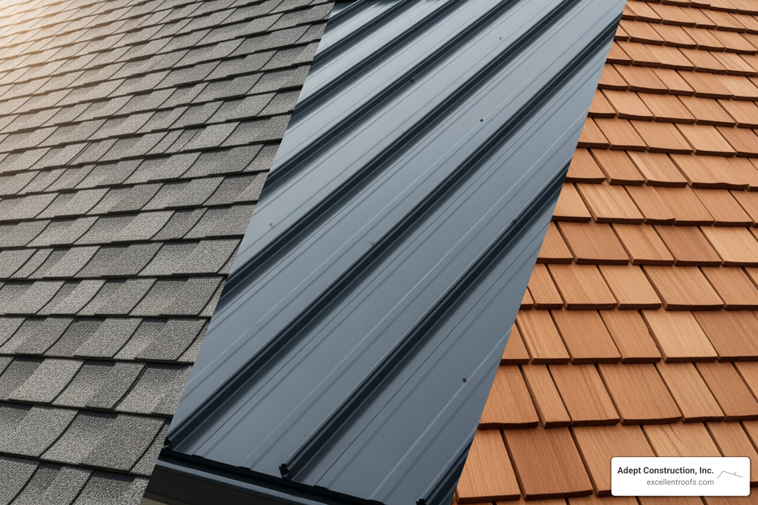 Different roofing materials: asphalt shingles, metal panels, cedar shakes - roofing replacement naperville il