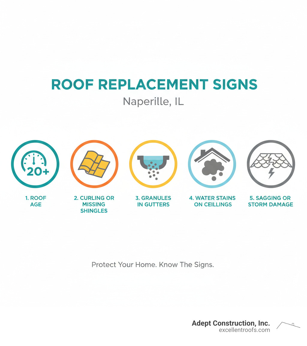 Infographic showing the top 5 signs a roof needs replacement: 1. Roof age over 20 years, 2. Curling or missing shingles, 3. Granules in gutters, 4. Water stains on ceilings, 5. Visible sagging or storm damage - roofing replacement naperville il infographic 
