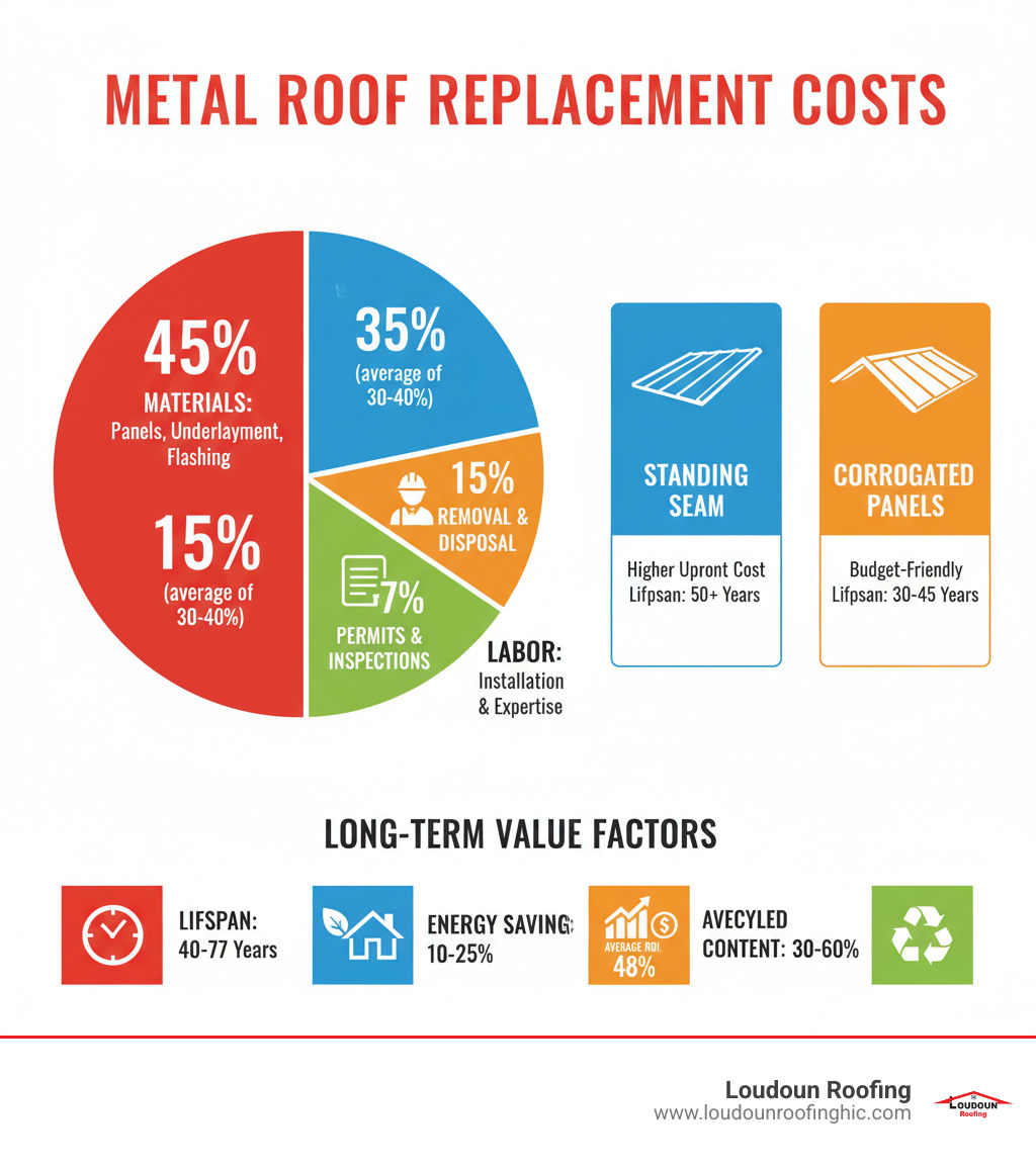 Infographic showing the breakdown of tin roof replacement costs: 40-50% materials including panels, underlayment, and flashing; 30-40% labor for installation and expertise; 10-20% removal and disposal of old roofing; 5-10% permits and inspections. The graphic also highlights that standing seam roofs cost more upfront but last 50+ years, while corrugated panels are budget-friendly at 30-45 years lifespan. Long-term value factors include 40-70 year lifespan, 10-25% energy savings, 48% average ROI, and 30-60% recycled content. - cost to replace tin roof infographic 
