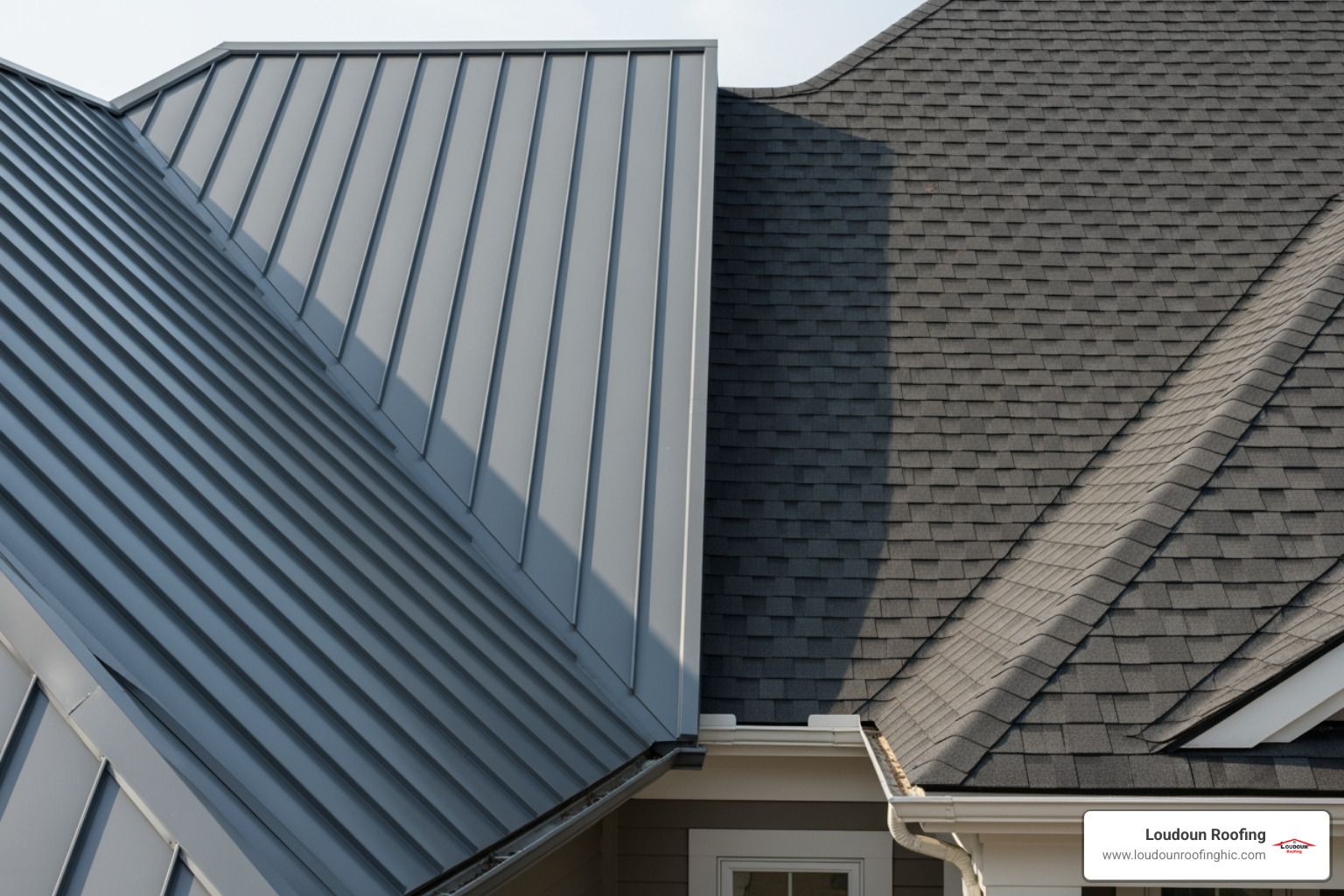 side-by-side comparison of a new metal roof and a new asphalt shingle roof - cost to replace tin roof