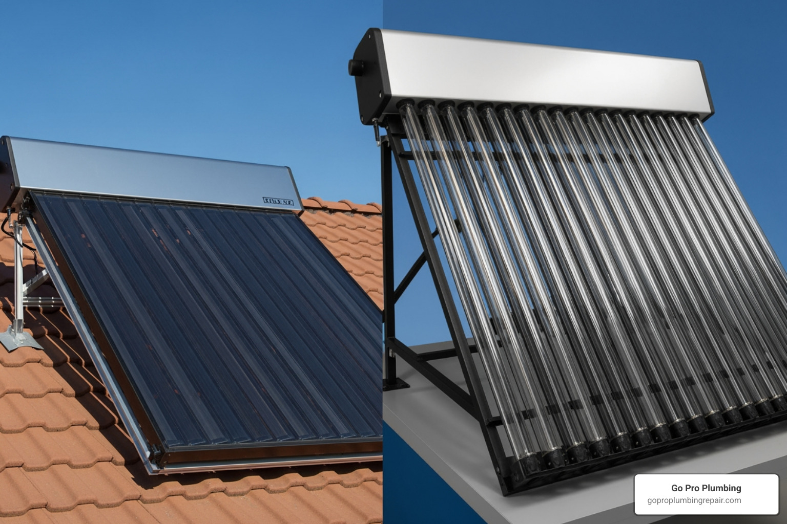 Image of different solar collector types (flat-plate vs. evacuated tube) - cost of solar water heating system