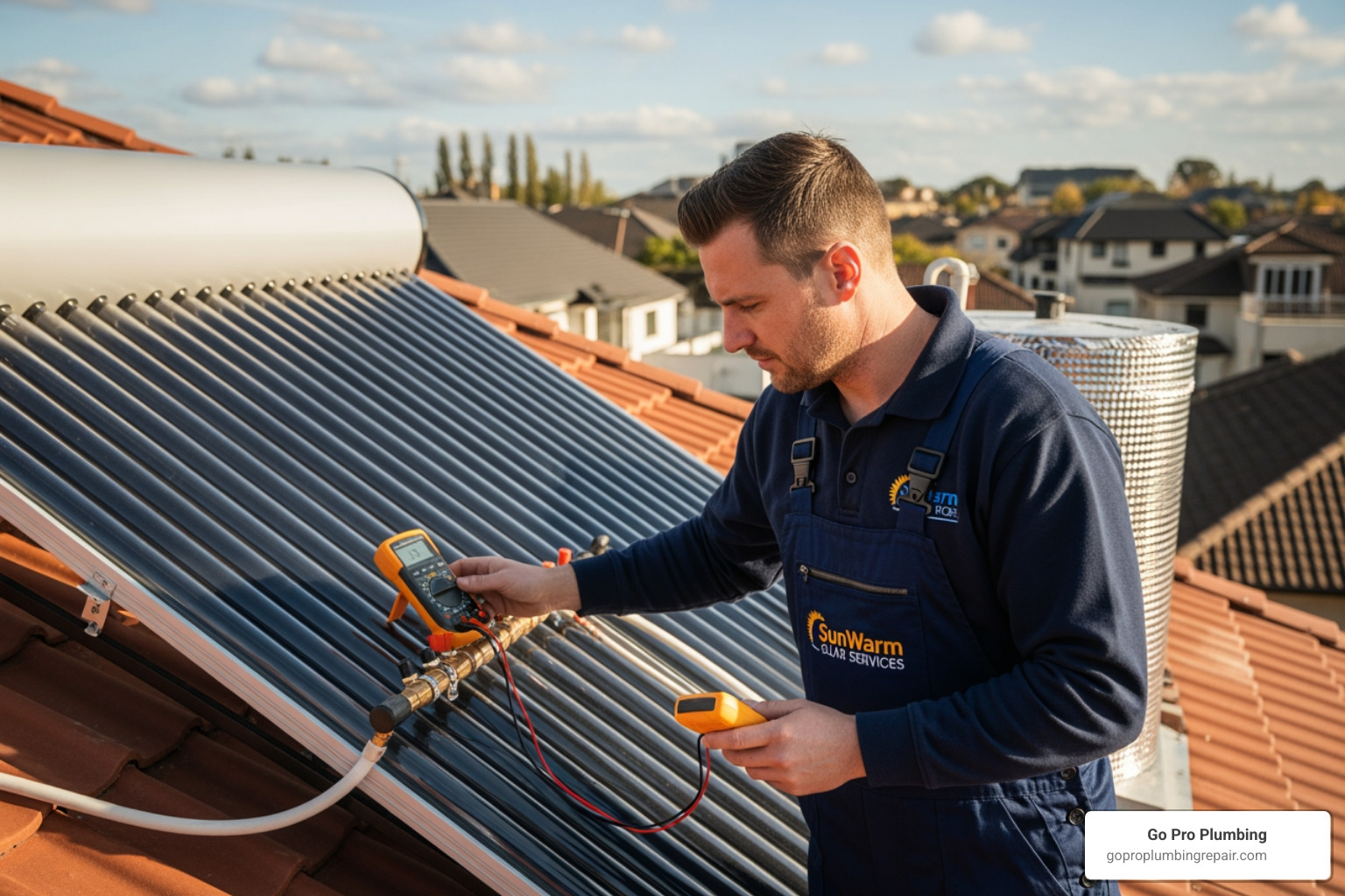 Image of a professional plumber inspecting a solar water heater installation - cost of solar water heating system