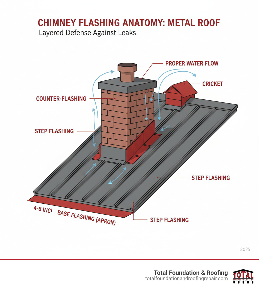 Infographic showing the anatomy of proper chimney flashing on a metal roof: base flashing at chimney bottom extending 4-6 inches onto roof deck, step flashing pieces overlapping 2-3 inches along sides interwoven with metal panels, counter-flashing embedded into chimney mortar joints at 15-20 degree angle, cricket structure on uphill side diverting water flow around chimney, and arrows indicating proper water flow direction away from all joints - flashing a chimney on a metal roof infographic 