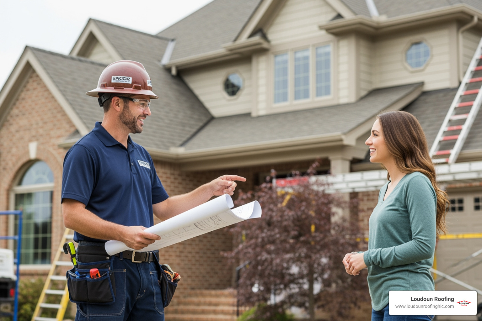 friendly roofing contractor discussing a project with a homeowner - residential roofing contractors near me