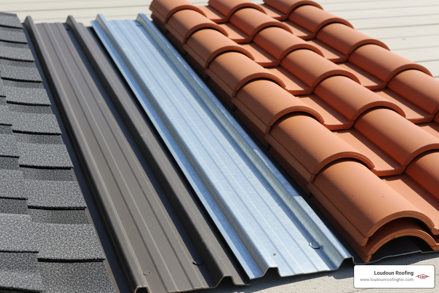various roofing material samples including asphalt shingles, metal panels, and tiles - residential roofing contractors near me