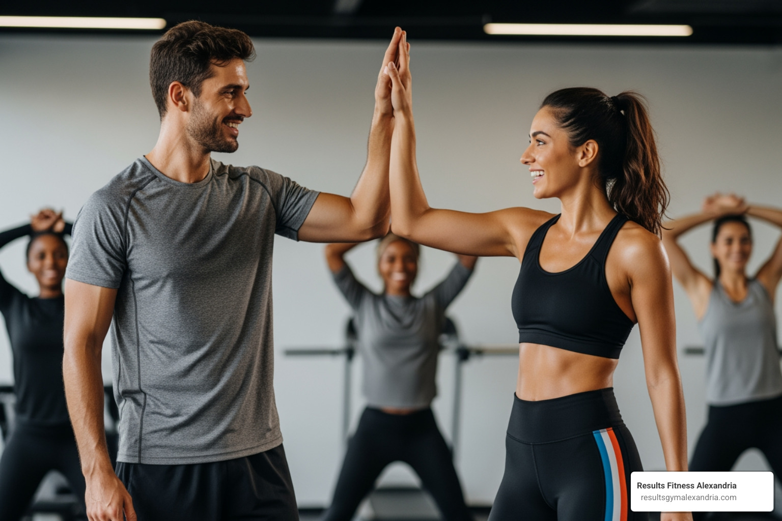 Two people high-fiving after a group workout. - affordable workout classes