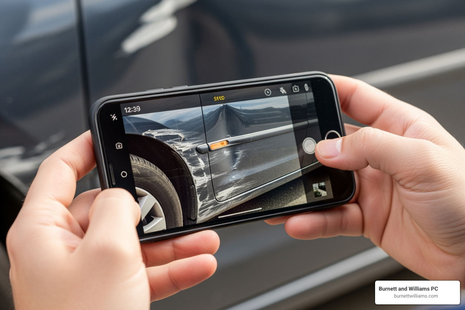 Person taking a photo of car damage with a smartphone - Leesburg car crash Person taking a photo of car damage with a smartphone - Leesburg car crash