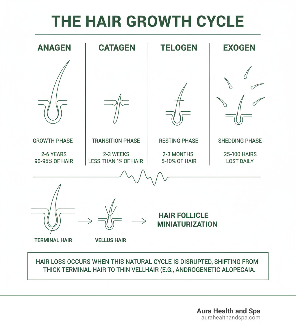 Infographic showing the four stages of hair growth: Anagen (growth phase lasting 2-6 years with 90-95% of hair), Catagen (transition phase lasting 2-3 weeks with less than 1% of hair), Telogen (resting phase lasting 2-3 months with 5-10% of hair), and Exogen (shedding phase with 25-100 hairs lost daily). The diagram illustrates how hair loss occurs when this natural cycle is disrupted, particularly when hair follicles miniaturize and shift from terminal to vellus hair in androgenetic alopecia. - hair restoration infographic 