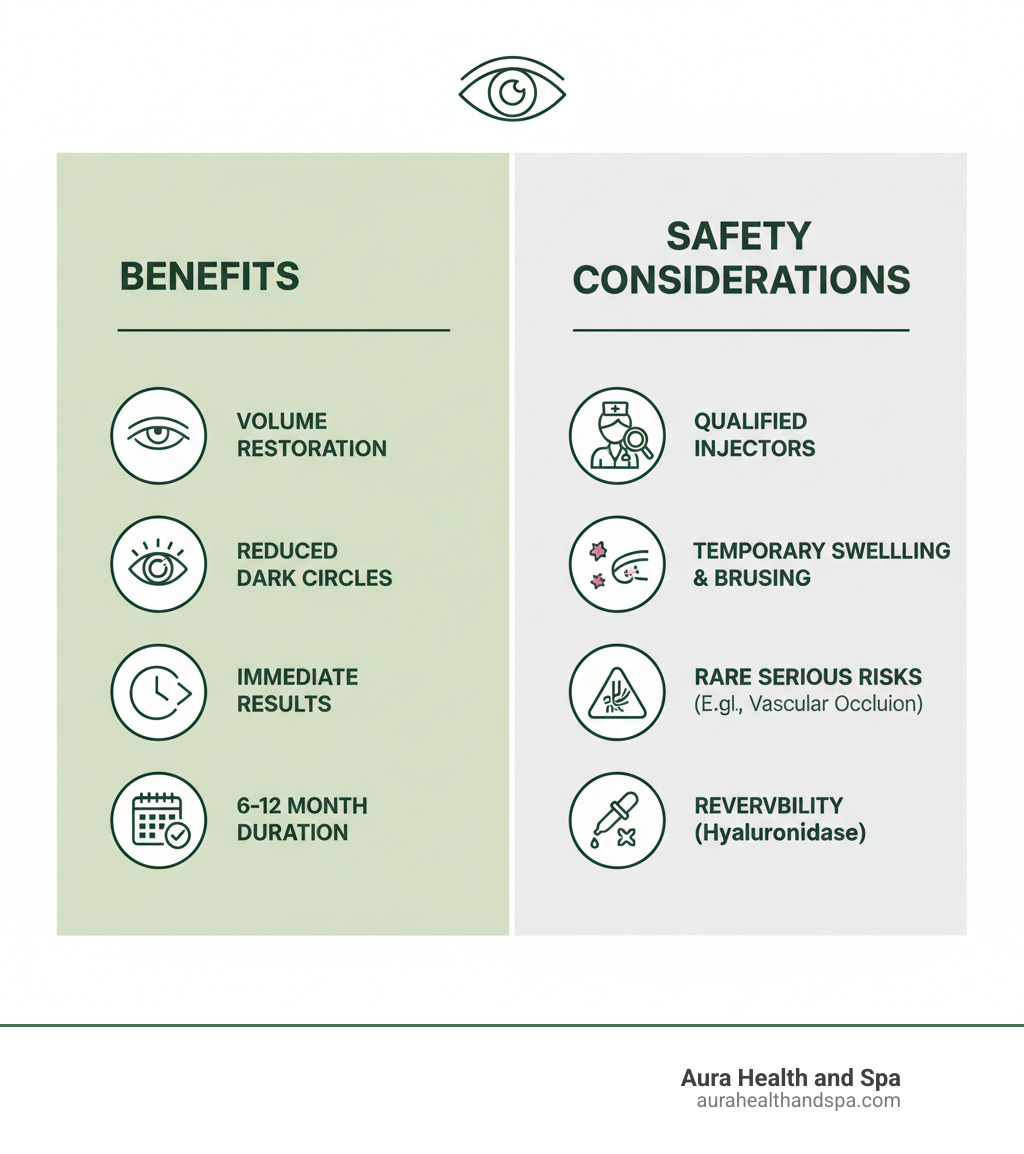 Infographic showing under-eye filler safety overview: left side shows benefits including volume restoration, reduced dark circles, immediate results, and 6-12 month duration; right side shows safety considerations including choosing qualified injectors, common temporary side effects like swelling and bruising, rare serious risks like vascular occlusion requiring immediate treatment, and the reversibility of hyaluronic acid fillers with hyaluronidase - are fillers under the eyes safe infographic 