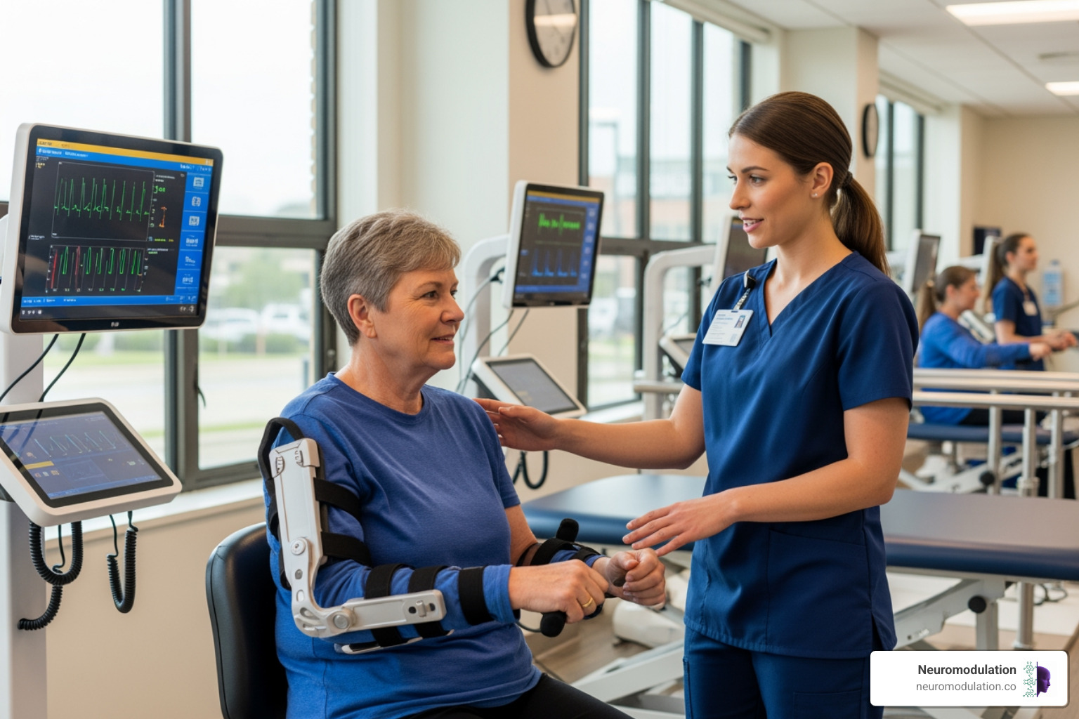 Patient working with a therapist using modern rehabilitation technology - chronic stroke