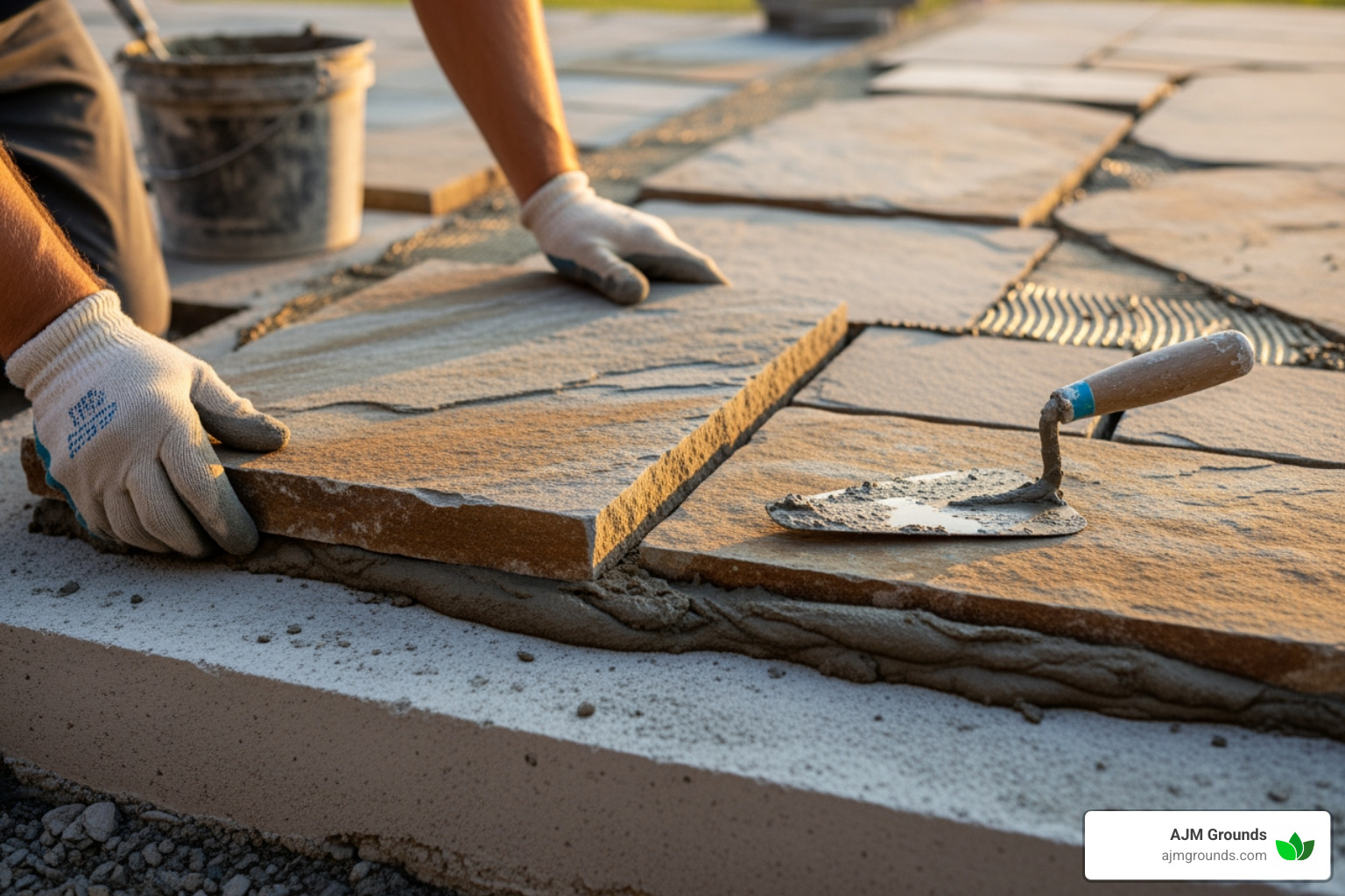 mason placing flagstone - installing flagstone on concrete