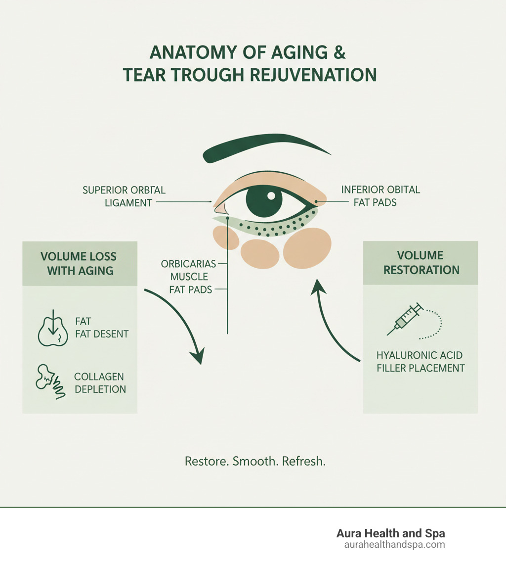 Infographic showing the anatomy of the tear trough area, including the tear trough ligament, orbicularis muscle, and fat pads, with labels indicating how volume loss occurs with aging through fat descent, bone resorption, and collagen depletion, plus arrows showing where hyaluronic acid filler is placed to restore volume - tear trough filler for wrinkles infographic 
